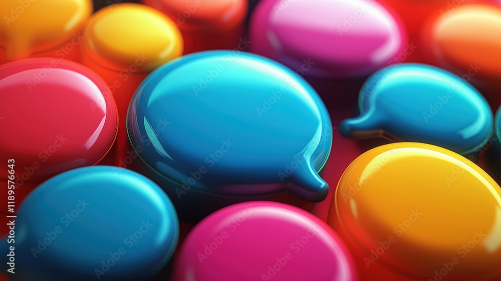 Poster colorful speech bubbles float in vibrant display. dynamic shapes, colors show communication, ideas i