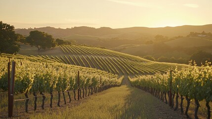 Fototapeta premium Rolling vineyard hills bathed in golden sunset light.