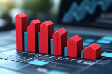 three-dimensional elements in the shape of houses, painted red and blue, which are placed on a graphical diagram.  