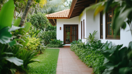 Fototapeta premium A cozy tropical house for sale, framed by abundant greenery and a charming brick pathway. The vibrant natural setting highlights the homeâs tranquility and appeal to potential buye
