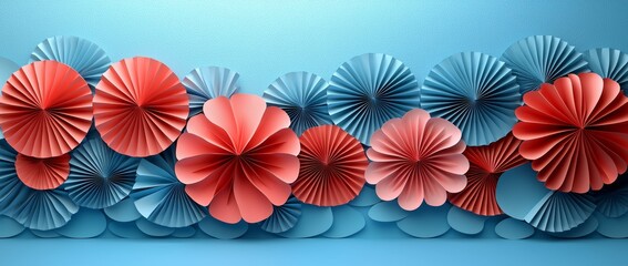 Paper fans in blue, red, and white displayed on a blue background. Ideal for holiday decorations featuring American flag colors. Banner suitable for commemorating Presidents Day, 4th of July,