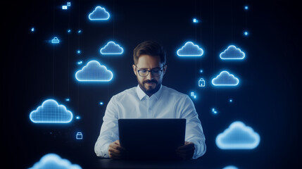A professional man working on a laptop, surrounded by digital cloud symbols representing database management, online backups, and advanced internet networking in a modern tech-driv