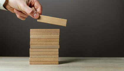 A hand lifts the last block as a precariously stacked wooden block tower is in danger of collapsing.