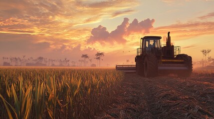 Fototapeta premium Golden Hour Harvest: Tractor in a Rice Paddy at Sunset