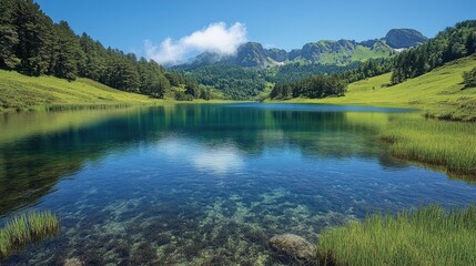 Obraz premium Clear turquoise lake nestled between green hills under a bright blue sky with fluffy clouds
