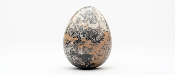 An egg with a mottled pattern on a white background