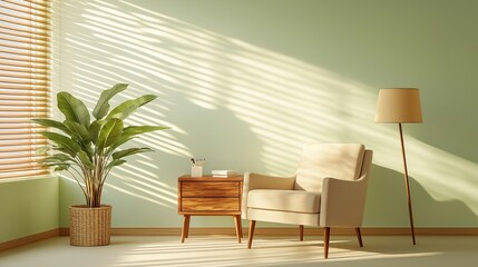 Cozy room with warm light, calm atmosphere. Interior design features comfortable chair. Plant in basket adds touch of nature. Sunlight streams through window creating soft shadows. Minimalist
