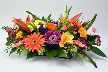 A colorful floral arrangement with gerbera daisies and other flowers