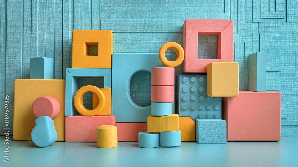 Poster colorful building blocks arranged creatively against a textured background in a playful setting