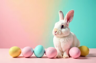 Cute Bunny with Easter Eggs Celebrating Easter on Colorful Gradient Pastel Background