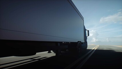 White delivery generic truck on desert highway. Very fast driving. Delivery concept. 3d rendering.