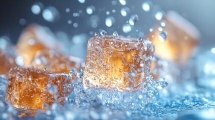 Amber ice cubes splashing in water.