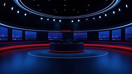 Modern virtual studio background. Circular news studio with glowing red, blue accents. Screens display data, images. Suitable for TV news broadcasts, online shows, live events. Round desk in middle