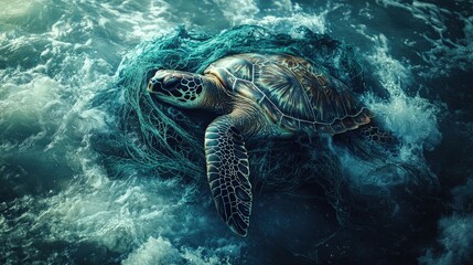 Fototapeta premium A turtle is trapped in fishing nets, sinking slowly beneath the turbulent water's surface. The surrounding environment is dark and murky, highlighting the turtle's struggle and vulnerability