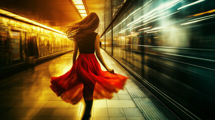 A girl in a red skirt running on the subway platform, with motion blur, with bright light and a yellow tone.