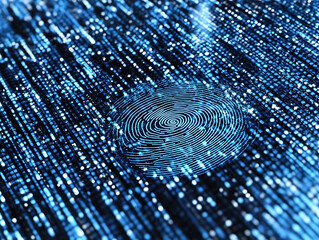Stunning closeup of a digital fingerprint on a matrix of binary code.  Perfect for illustrating concepts of cybersecurity, data protection, digital identity, and biometric authentication.