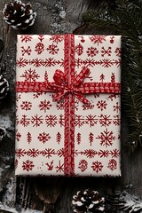 Decorative package with seasonal design on a natural textured surface, surrounded by evergreen elements and plant material, evoking a joyful winter celebration