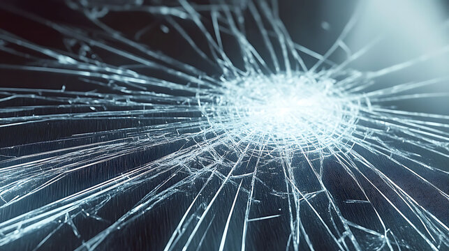 Dramatic closeup of a shattered screen, showcasing a radial crack pattern.  Perfect for illustrating concepts of damage, fragility, or technological failure.
