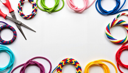 Colorful friendship bracelets arranged with scissors on white surface, creativity