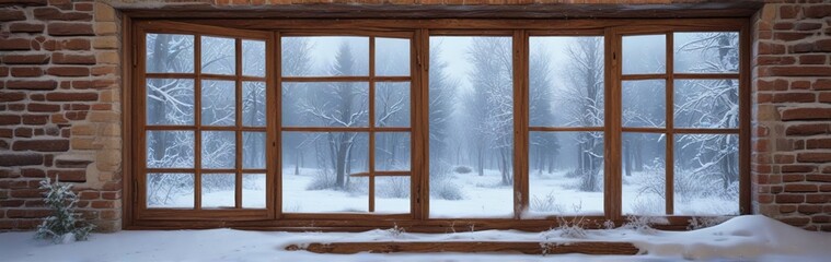 Old wooden window with snowfall and frosty landscape outside, winter scene, snowy window, schnee
