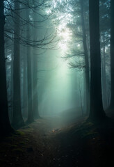 Forest with rays of sunlight piercing through the fog
