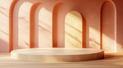 Wooden Platform in Archway, Minimalist Product Display, Sunlit Room