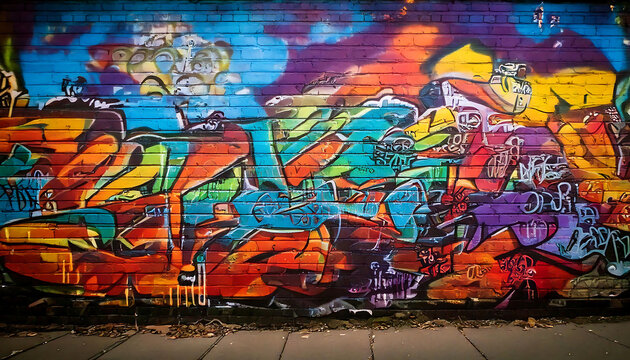 Fototapeta Vibrant graffiti art explodes across a brick wall, a stunning display of urban creativity.