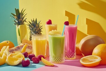Fototapeta premium Four fruit smoothies in glasses, surrounded by fresh fruit like pineapple, raspberries, oranges, and melon