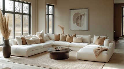 Modern Swedish living room features sleek furnishings, warm vibe. Large sectional sofa in neutral cream color sits on beige rug. Several neutral throw pillows, natural colored throw blanket add