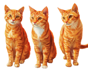 Three Orange Tabby Cats in a Beautiful Portrait , isolated on white background PNG