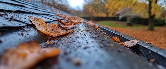 Autumn leaves clogging a wet gutter on a house roof.