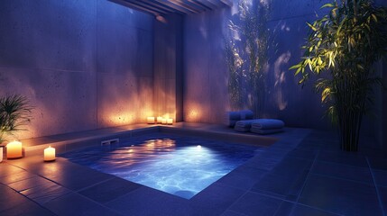 A serene minimalist spa retreat featuring a small heated pool