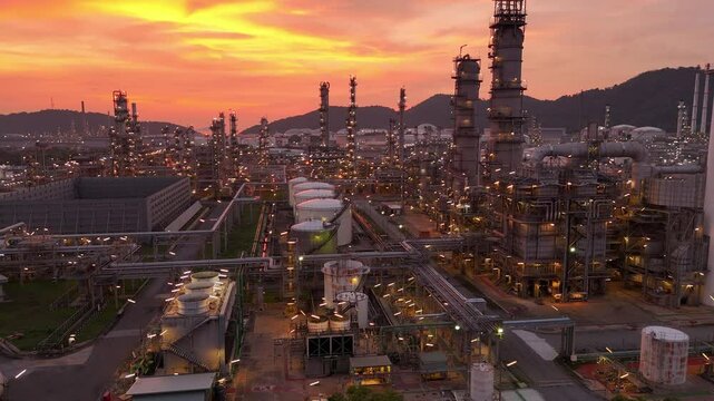 Oil Refinery plant at sunset. Gas Chemical Equipment Prodiction import export Concept, Crude Oil Refinery Plant Steel Pump Pipe line and Chimney and Cooling tower, Chemical Petrochemical