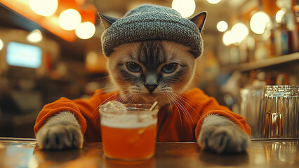Cat bartender in retro style