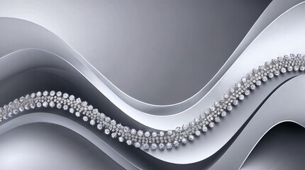 An abstract background of smooth, curved silver and light grey, creating a sense of depth and movement. A diagonal chain with sparkling, diamond-like stones