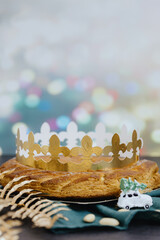 Royal Galette with Crown on a table with festive boke