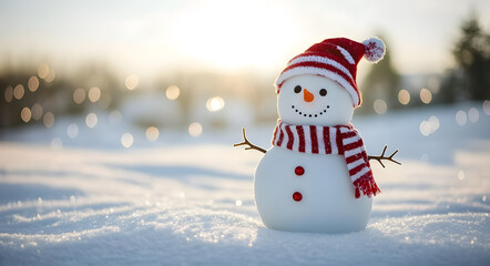 Cute winter snowman dressed in red and white stripes with twig arms, standing on a snowy landscape with a cheerful and warm holiday atmosphere