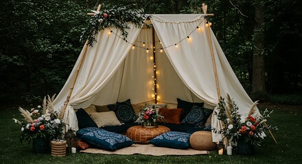 Bohemian teepee tent decor. Cozy outdoor seating area with string lights, flowers, and grass.