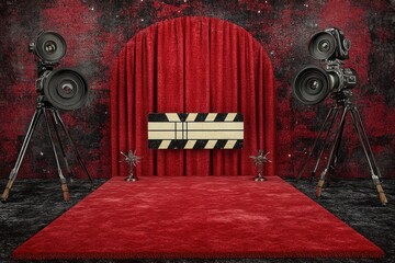 Cinematic Stage Setup with Red Carpet and Cameras for Film Events and Photography