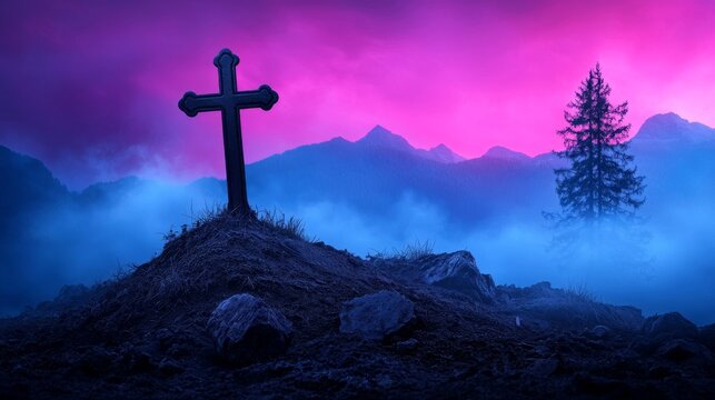 An artistic representation of Ash Wednesday, where a tree's shadow forms an ash cross on the ground, framed by a surreal purple sky - Powered by Adobe