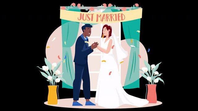 A joyful couple in wedding attire celebrating their marriage under a decorative arch in a colorful setting.