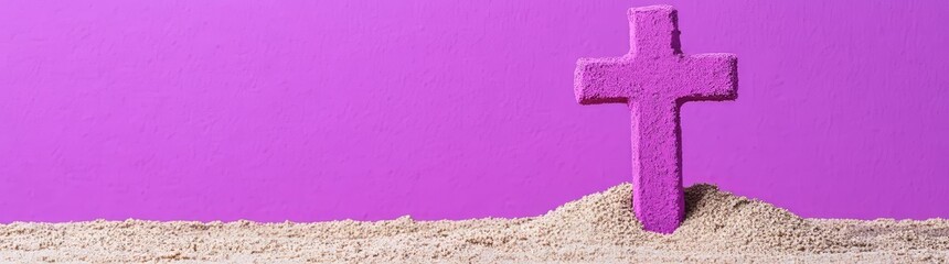 A large Ash Wednesday banner displaying a cross imprinted in vibrant purple ash, representing reflection and penance