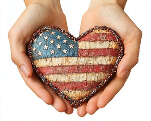 American flag with red, white, and blue star pattern on people's hands forming a heart shape, isolated on a white background: USA patriotism, veterans, independence, Columbus Day, Constitution and