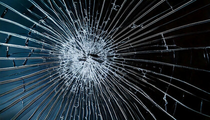 Obraz premium Dramatic close-up of a shattered glass surface. Intricate crack pattern radiates from the impact point, creating a striking visual texture. Ideal for concepts of fragility, destruction, or
