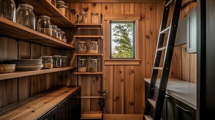 An elegantly simple kitchen pantry with open shelving featuring glass jars