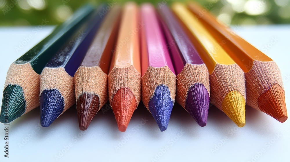 Poster vibrant colored pencils arranged in a neat row on a plain background