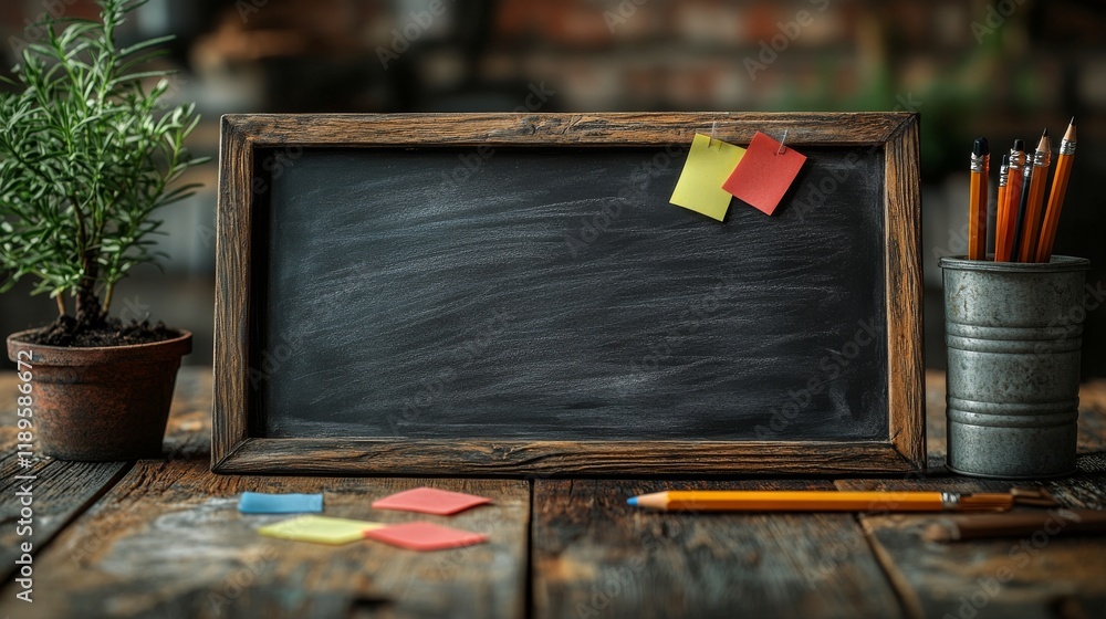Poster rustic chalkboard setup with writing tools and decor elements in a cozy workspace atmosphere