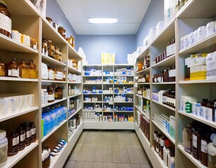Obraz premium Pharmacy shelves stocked with medicine bottles, illustrating healthcare, pharmaceuticals, and medical supplies.