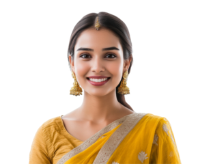 A radiant Indian woman in a traditional yellow sari, showcasing beauty and culture. , isolated on white background PNG