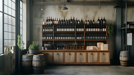 Rustic Wine Cellar Interior with Wooden Shelves, Barrels, and an Abundance of Wine Bottles, Displaying a Vintage and Elegant Atmosphere in a Stylish  